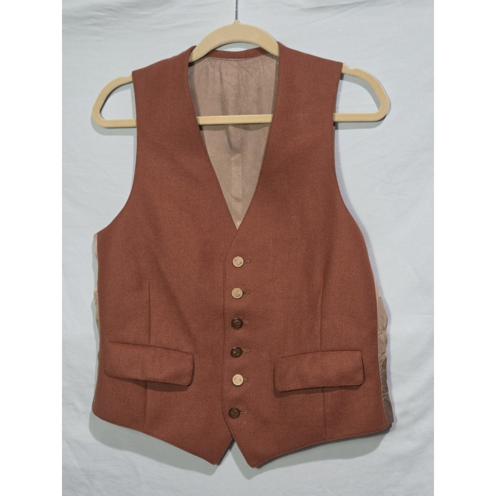 Vintage Waistcoat Vest 38R Medium Rust Orange Twill Wool Blend V-Neck No Tags